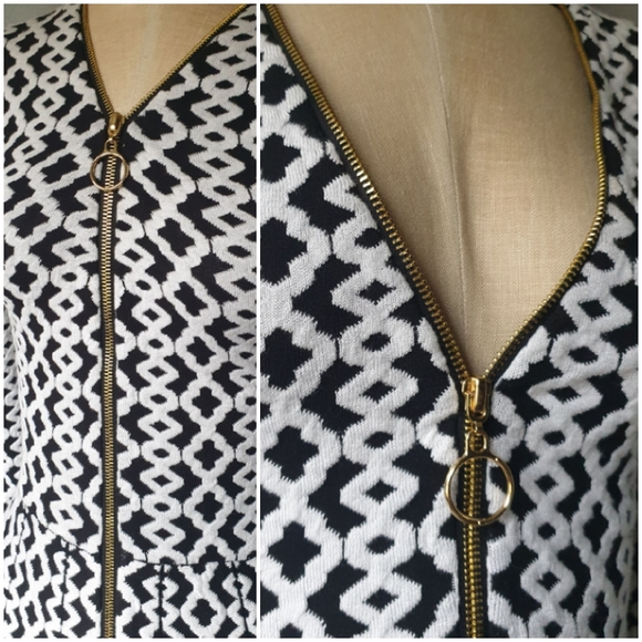 INC Wm Black & White Geometric Sweater Fit & Flare A-Line Dress w/ V-Neck Zip Sm - Picture 14 of 16